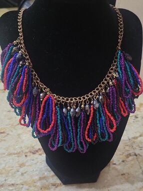 Multicolor Beaded Fringe Necklace with Gold-Tone Chain